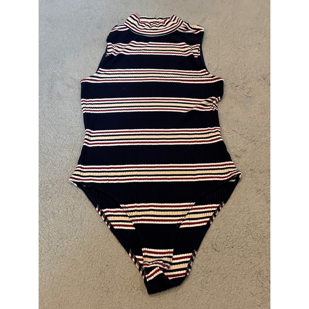 Cape Juby Navy Striped Sleeveless Mock Neck Ribbed Bodysuit Medium